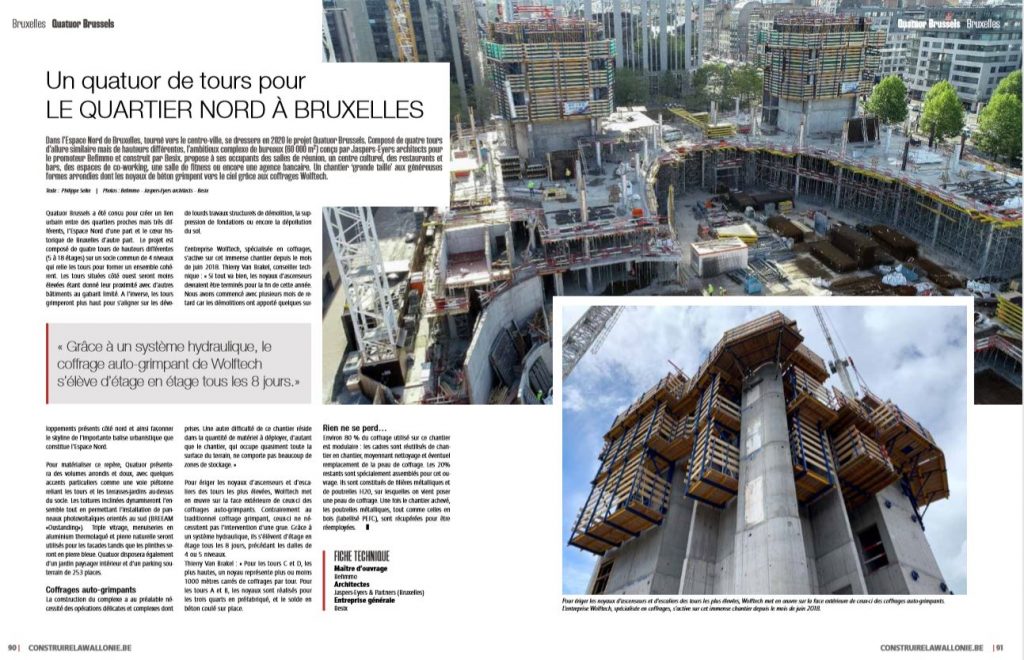 Article dans le magazine Construire la Wallonie – Sep-Oct 2019‘Chantier QUATUOR client: BESIX – Maître d’ouvrage: Befimmo – Architectes: Jaspers-Eyers & Partners’
Pour lire l’article cliquez ici